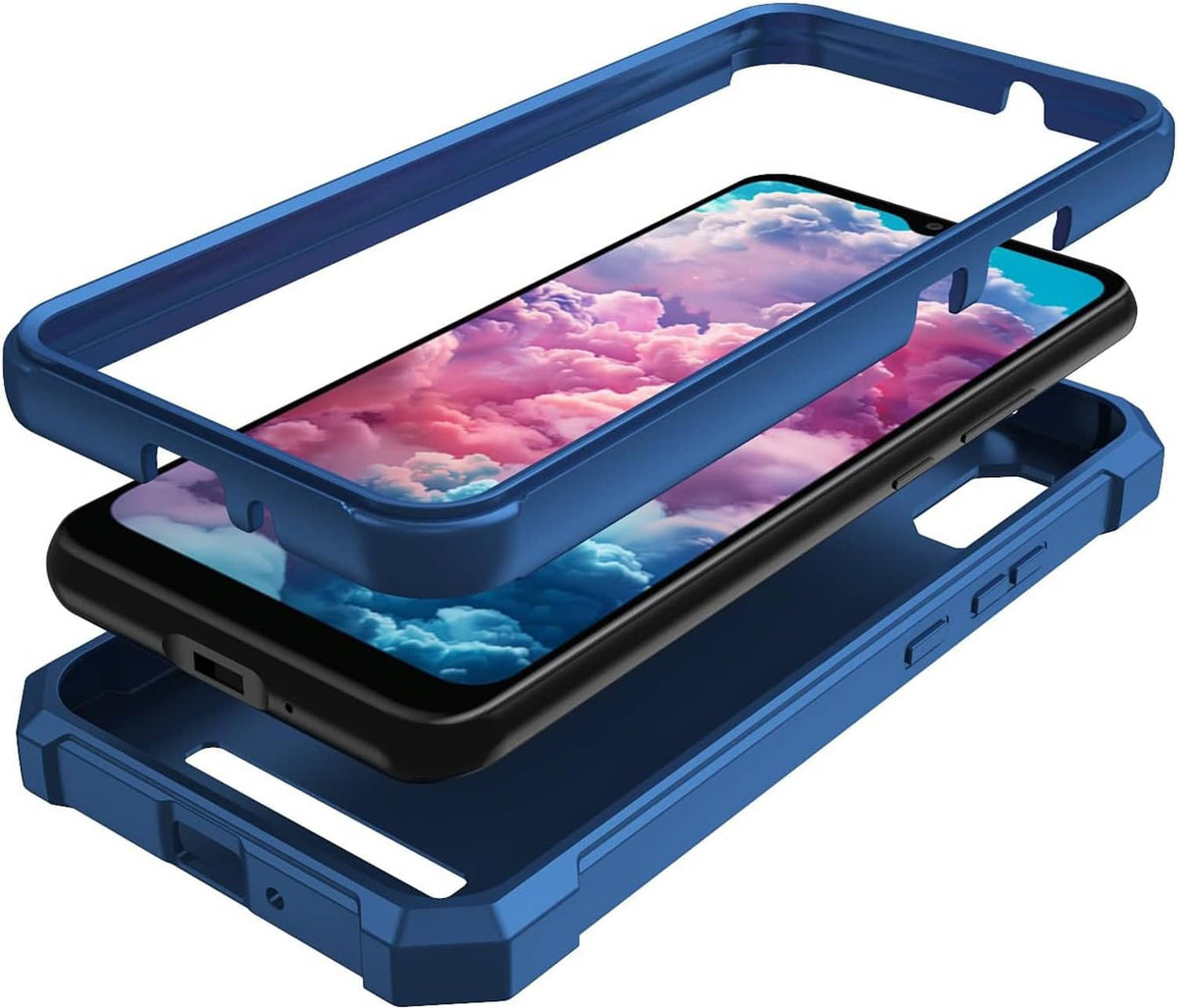 Blue rugged phone case with raised screen lip and cutouts, angled view