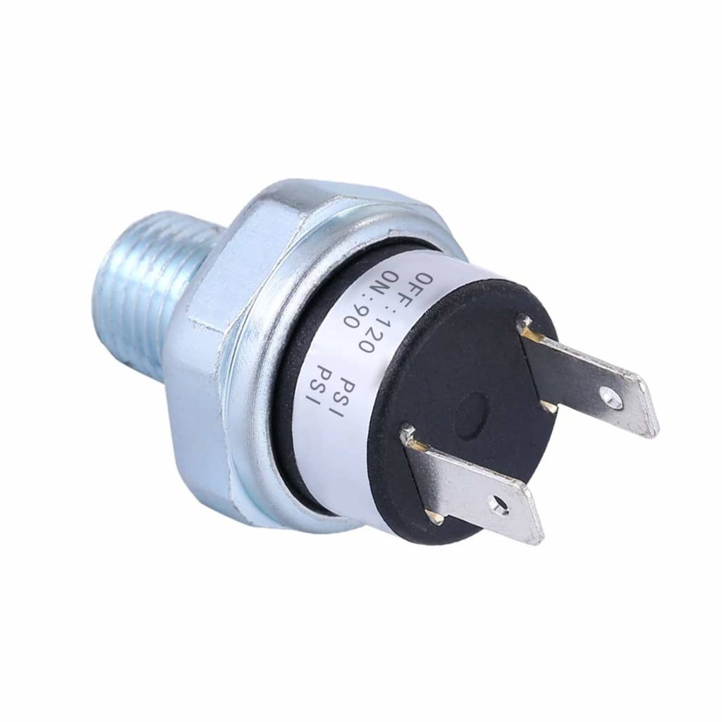 Air pressure switch with DC 12V/24V terminals, threaded metal body, OFF/ON markings