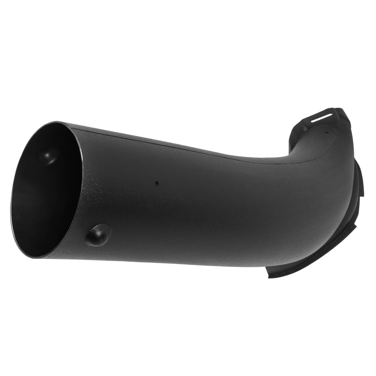 Black mower discharge chute with flared intake end and mounting notch