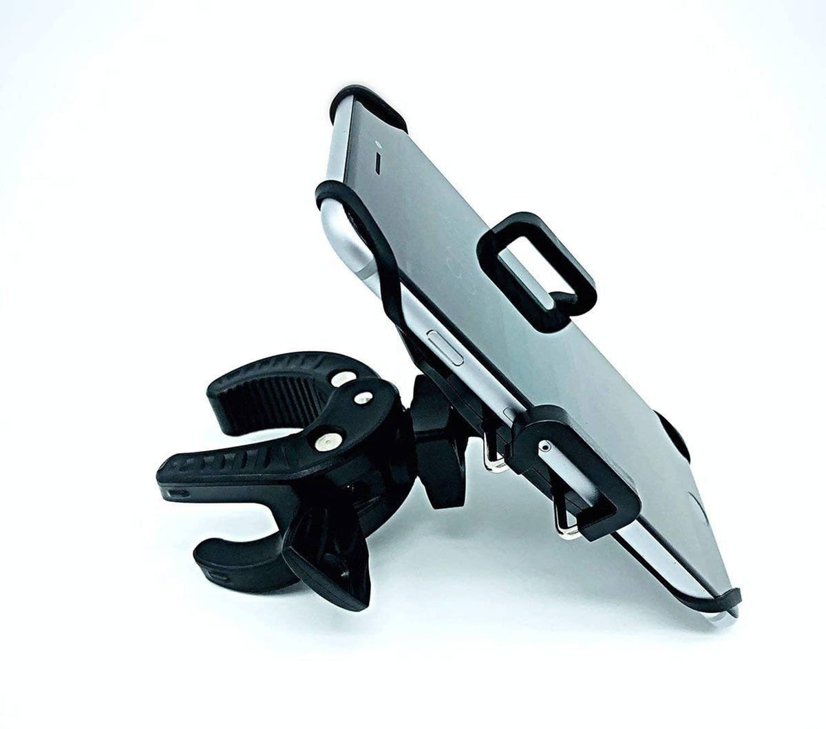 Universal bike phone holder clamp with black cradle and side support grips