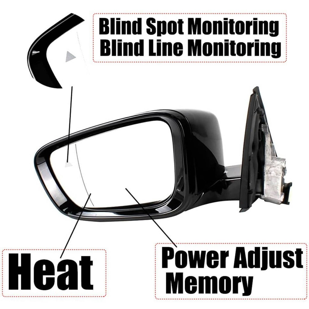 Left driver-side mirror with heated function, blind spot monitoring, power-fold design