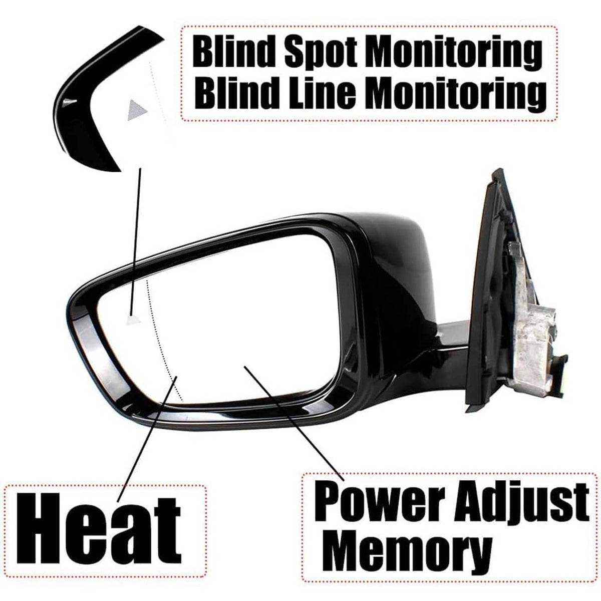 Left driver-side mirror with heated function, blind spot monitoring, power-fold design