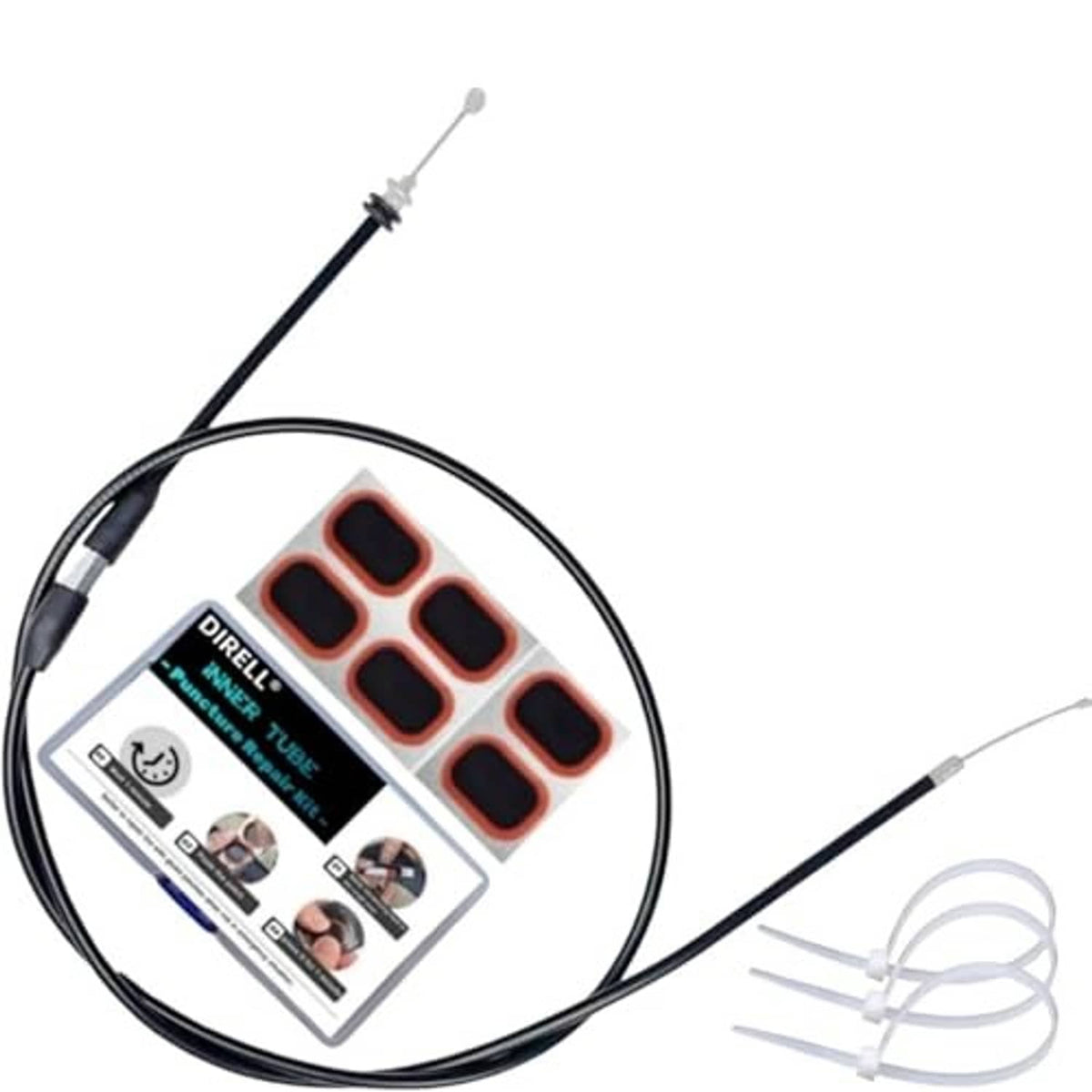 Thumb throttle cable assembly kit with black cable, silver fittings, and included ties