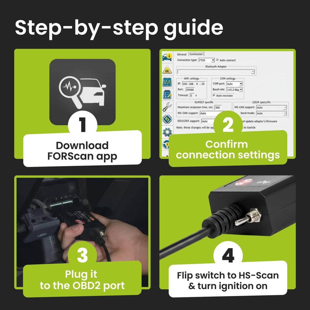 Step-by-step setup graphic showing ELM327 app download and OBD2 plugging