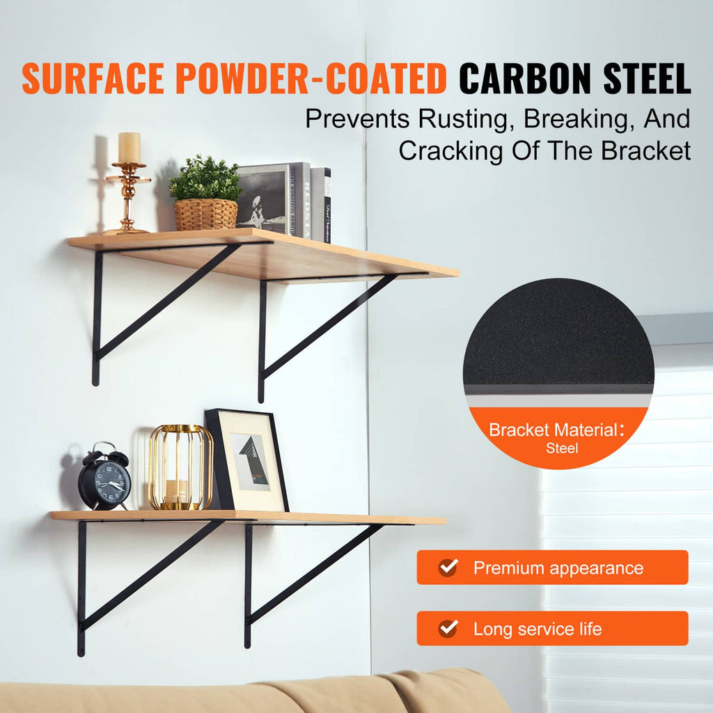 Black carbon steel triangular shelf bracket for wall mounting with powder-coated finish