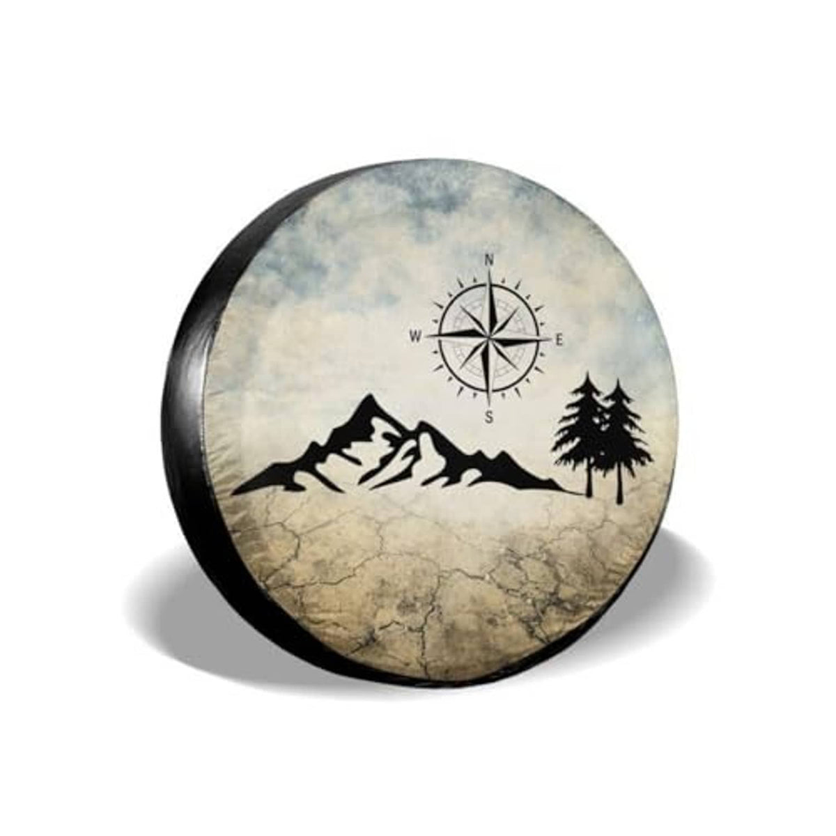 Round spare tire cover with compass rose, mountain silhouette, pine tree; dark edge trim