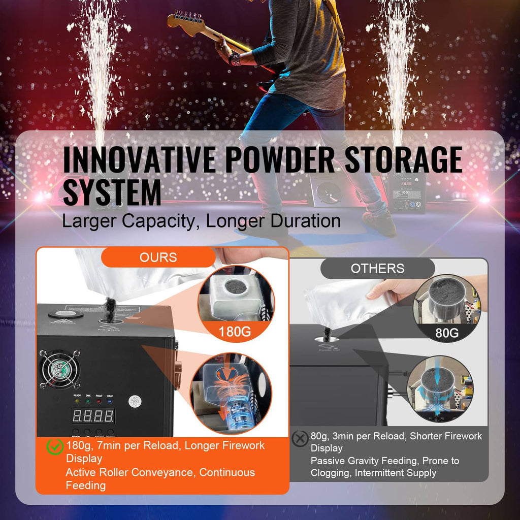 Black cold spark machine with powder storage system graphic overlay