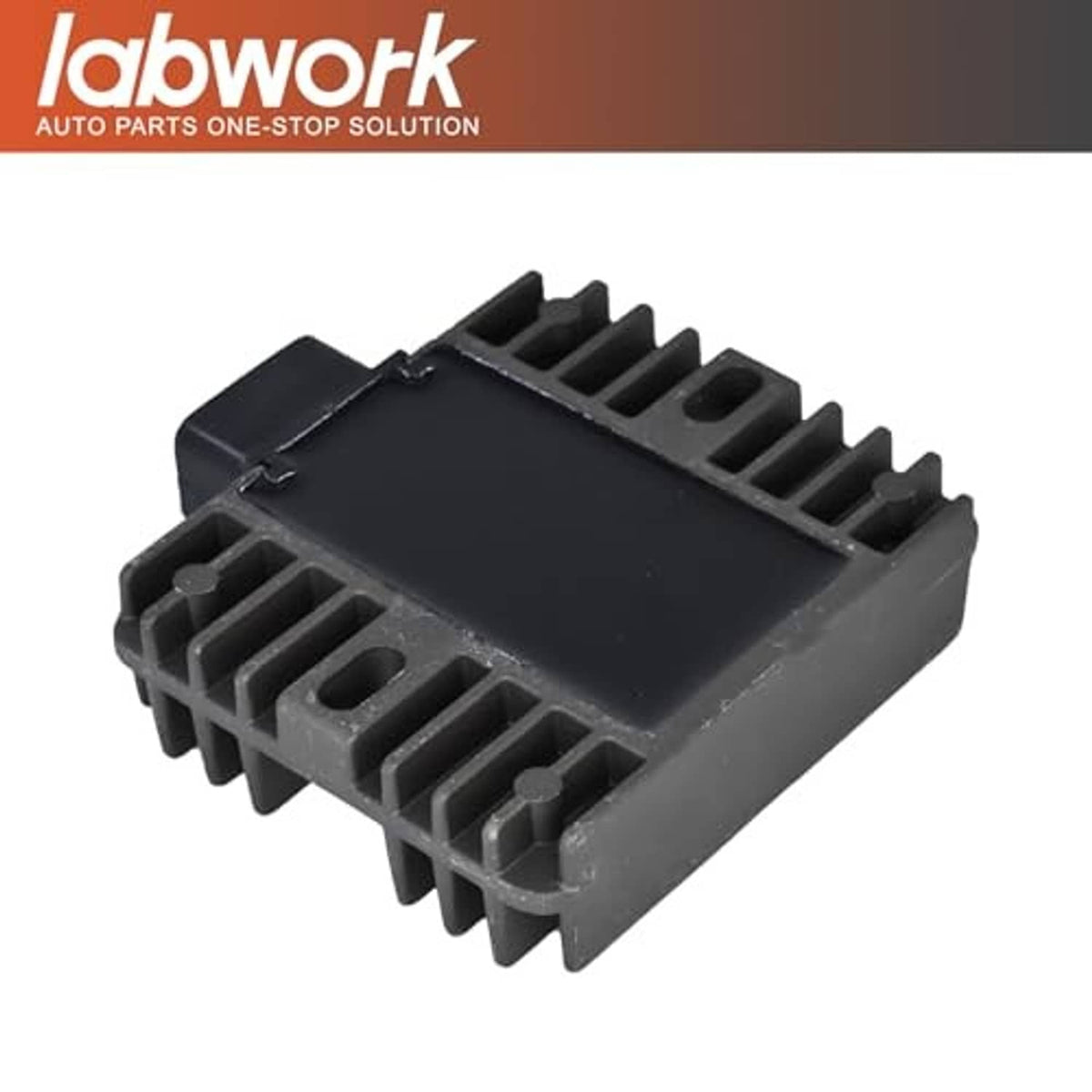 Black voltage regulator rectifier with finned heat sink housing, alternate angle
