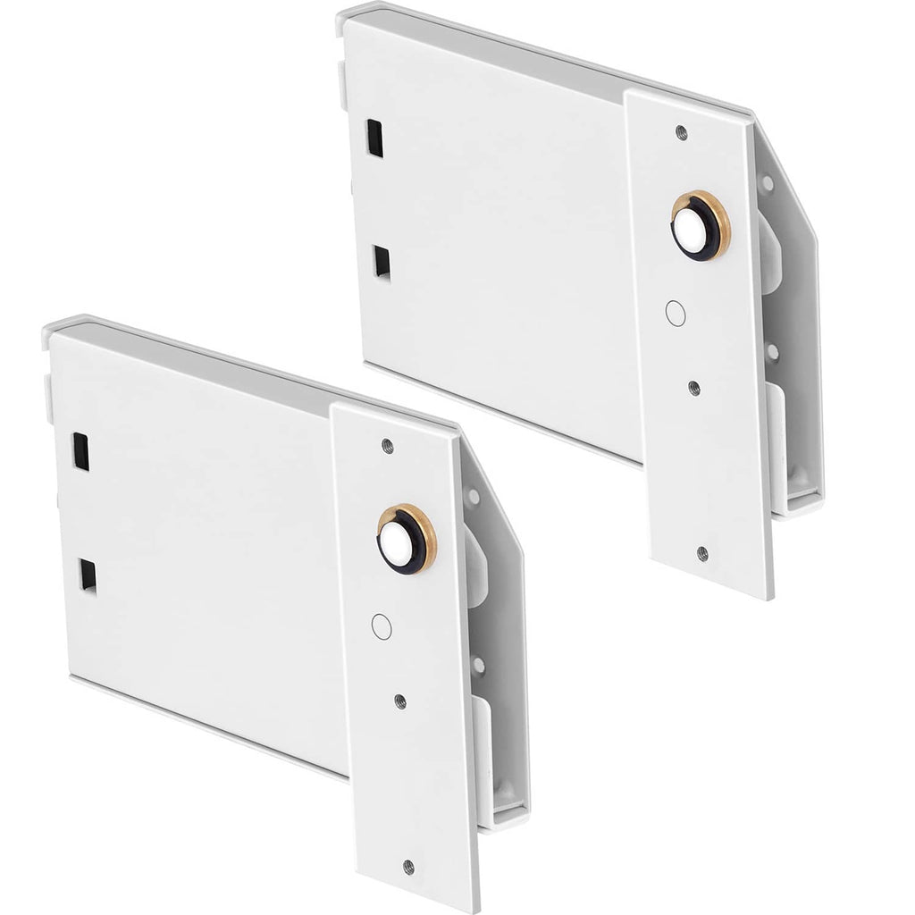 Pair of white Murphy bed spring brackets with circular gold bearings and mounting holes
