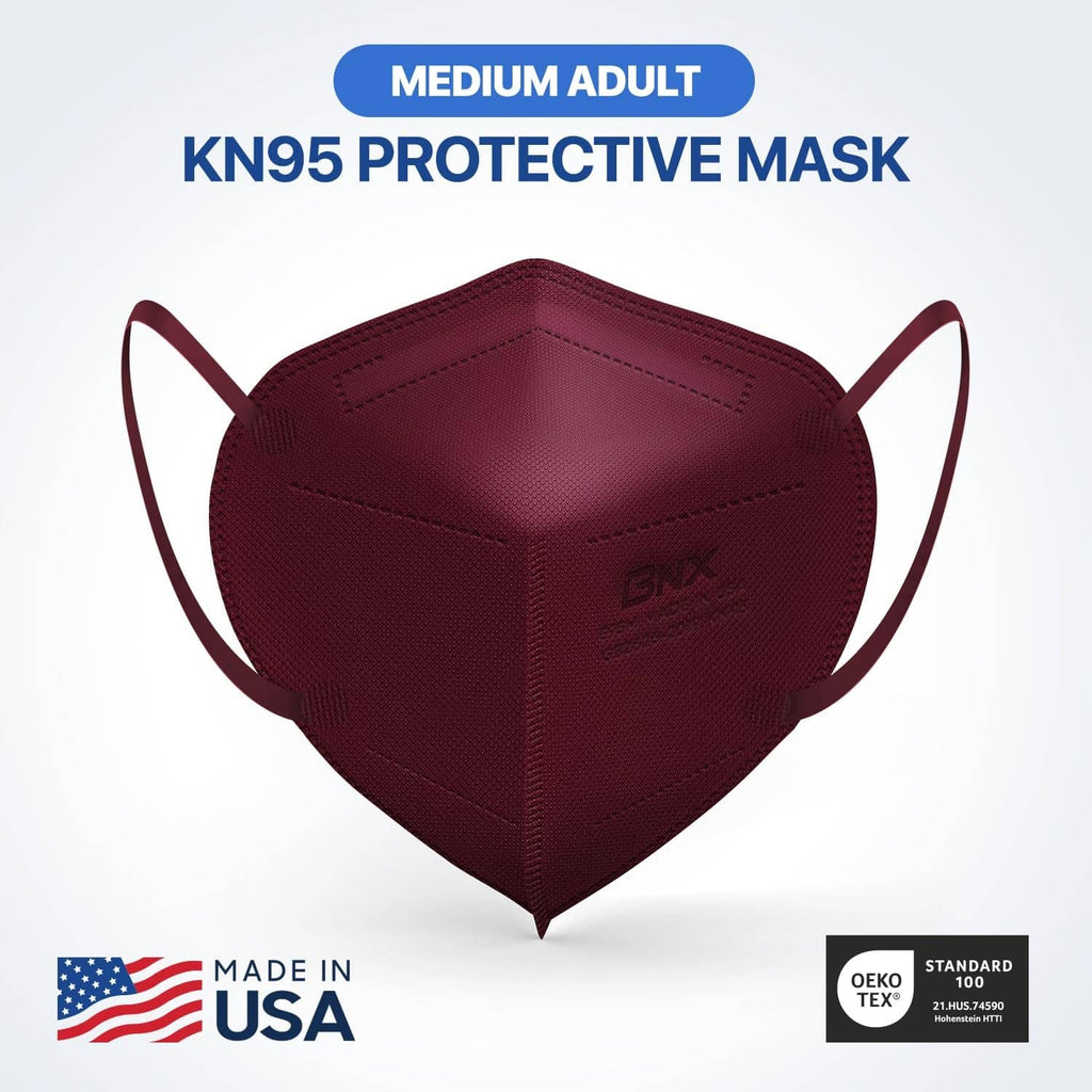 Maroon KN95 protective face mask with ear loops, front view