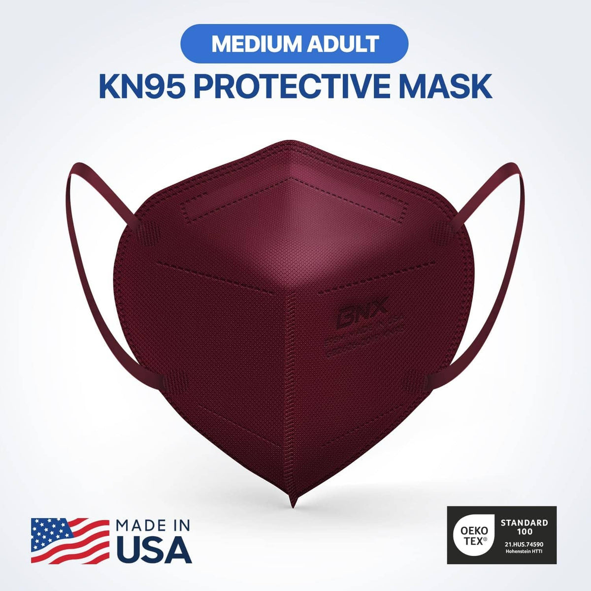 Maroon KN95 protective face mask with ear loops, front view