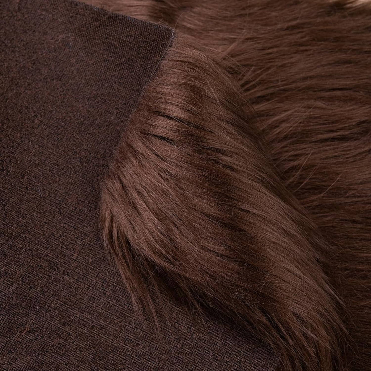 Brown faux fur close-up showing backing fabric and thick shag fibers.