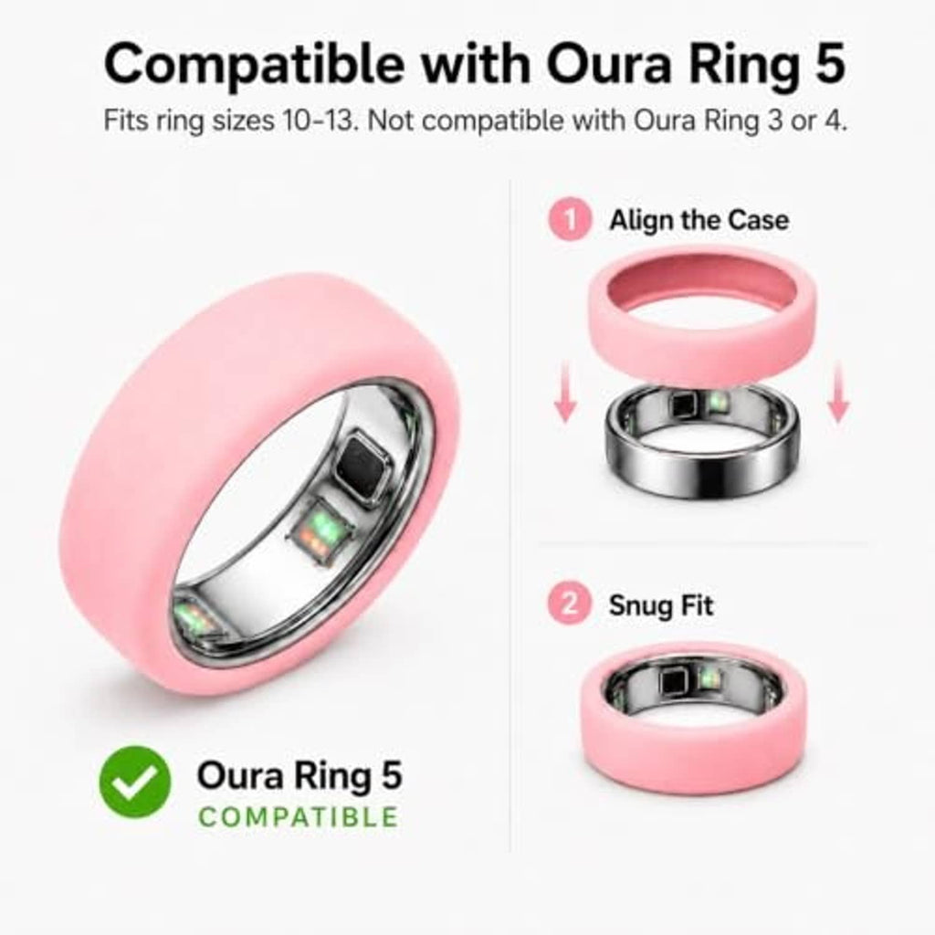 Pink silicone ring case shown open and closed, with snug metal ring insert