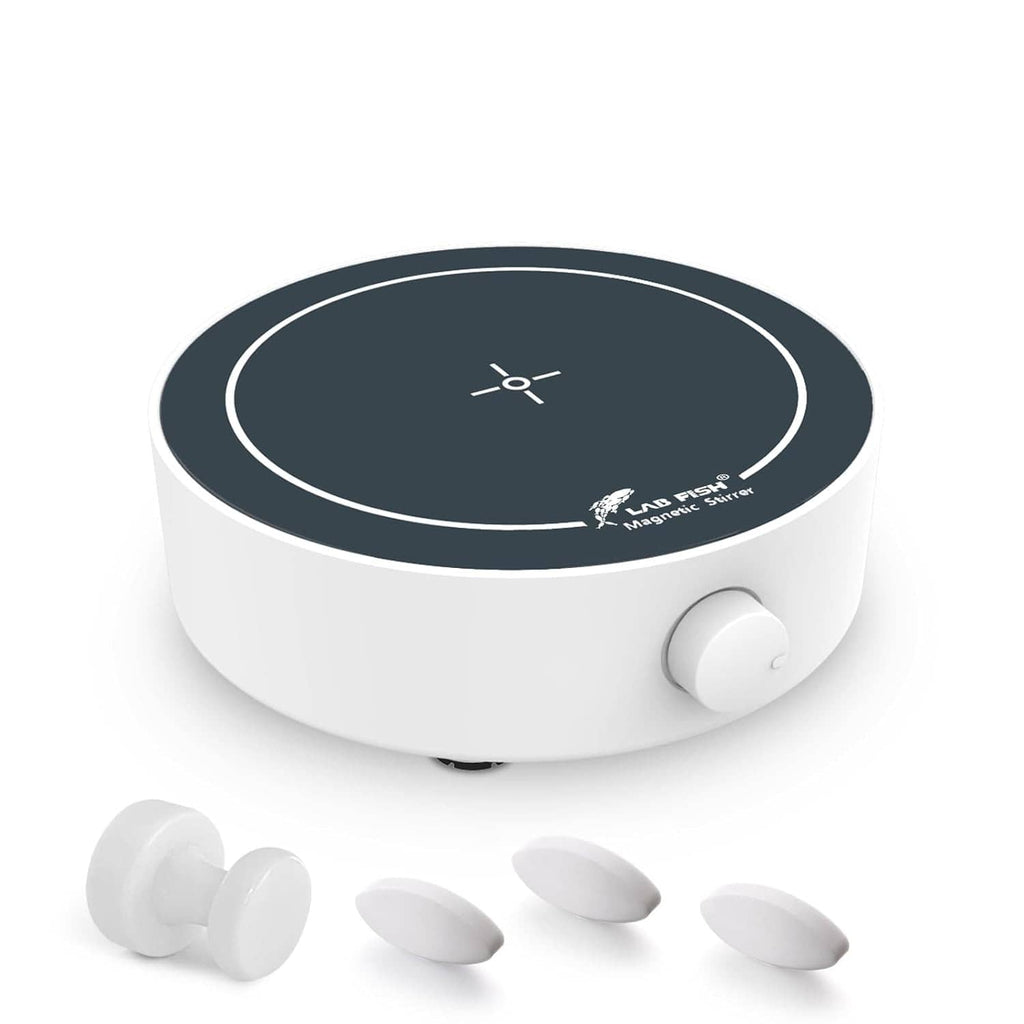 Magnetic stirrer base with dark top panel and side knob; comes with three stir elements