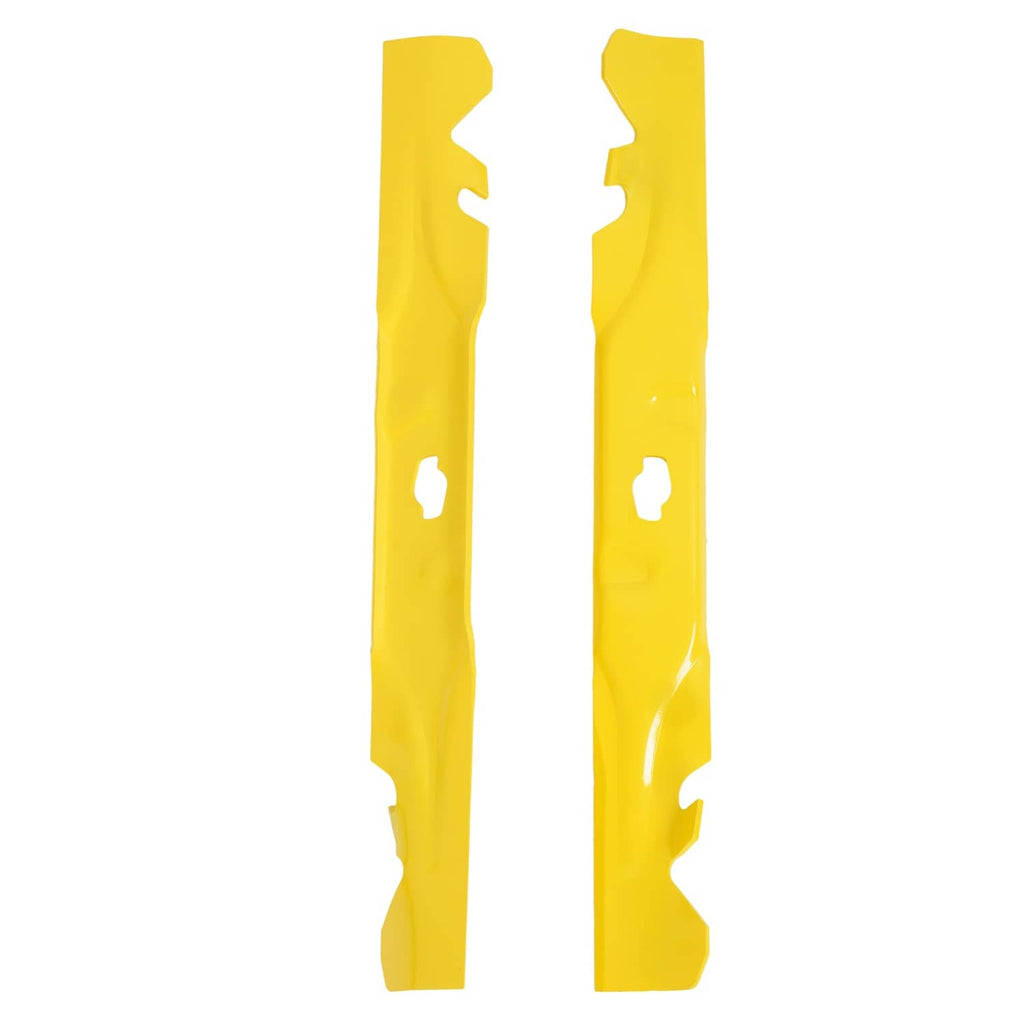 Two yellow mulching blade covers with cutouts and bolt holes