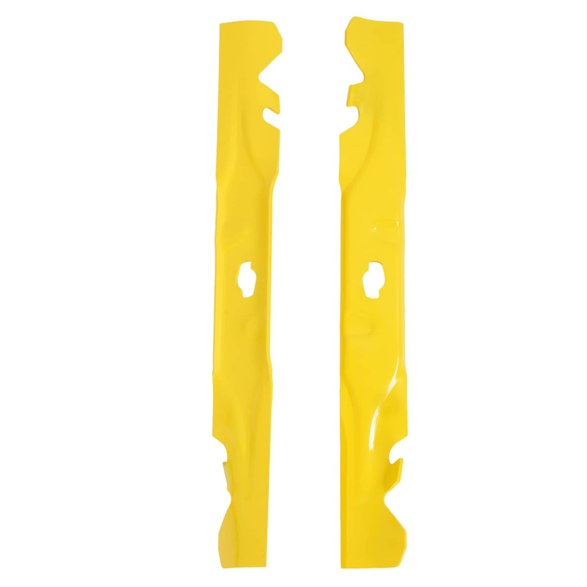Two yellow mulching blade covers with cutouts and bolt holes