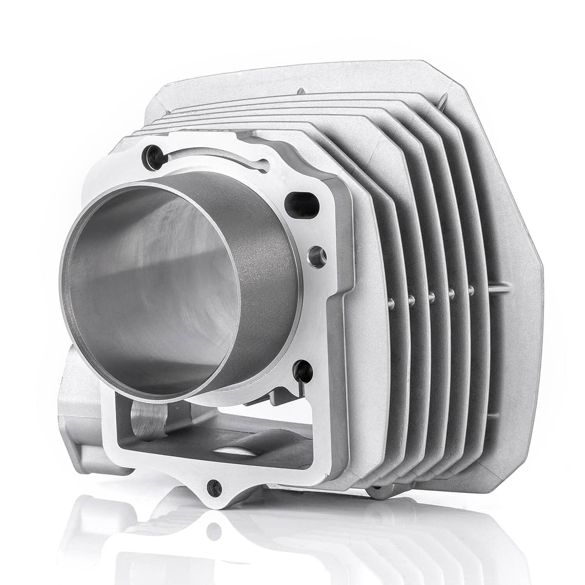 Silver finned cylinder head with piston bore, for top end rebuild kit