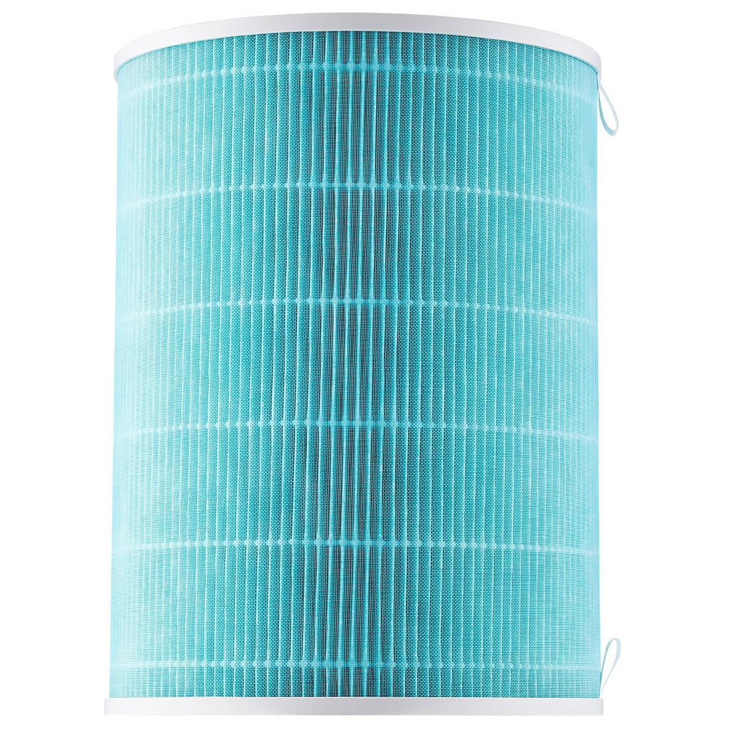 Blue pleated air purifier filter replacement with white top rim and folded edge detail