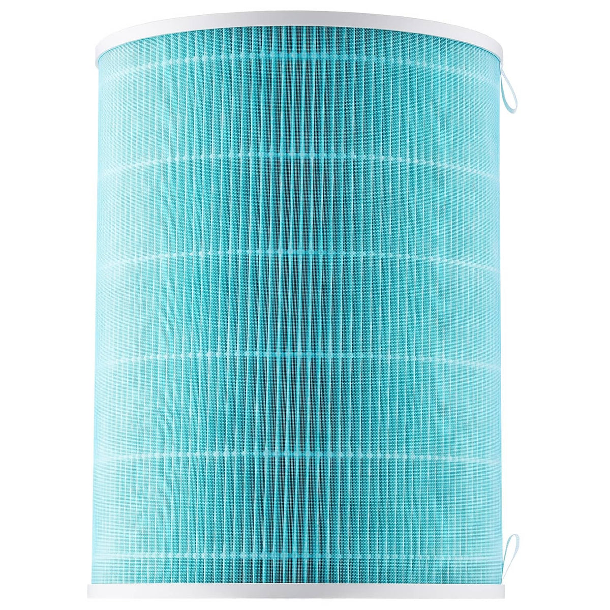 Blue pleated air purifier filter replacement with white top rim and folded edge detail
