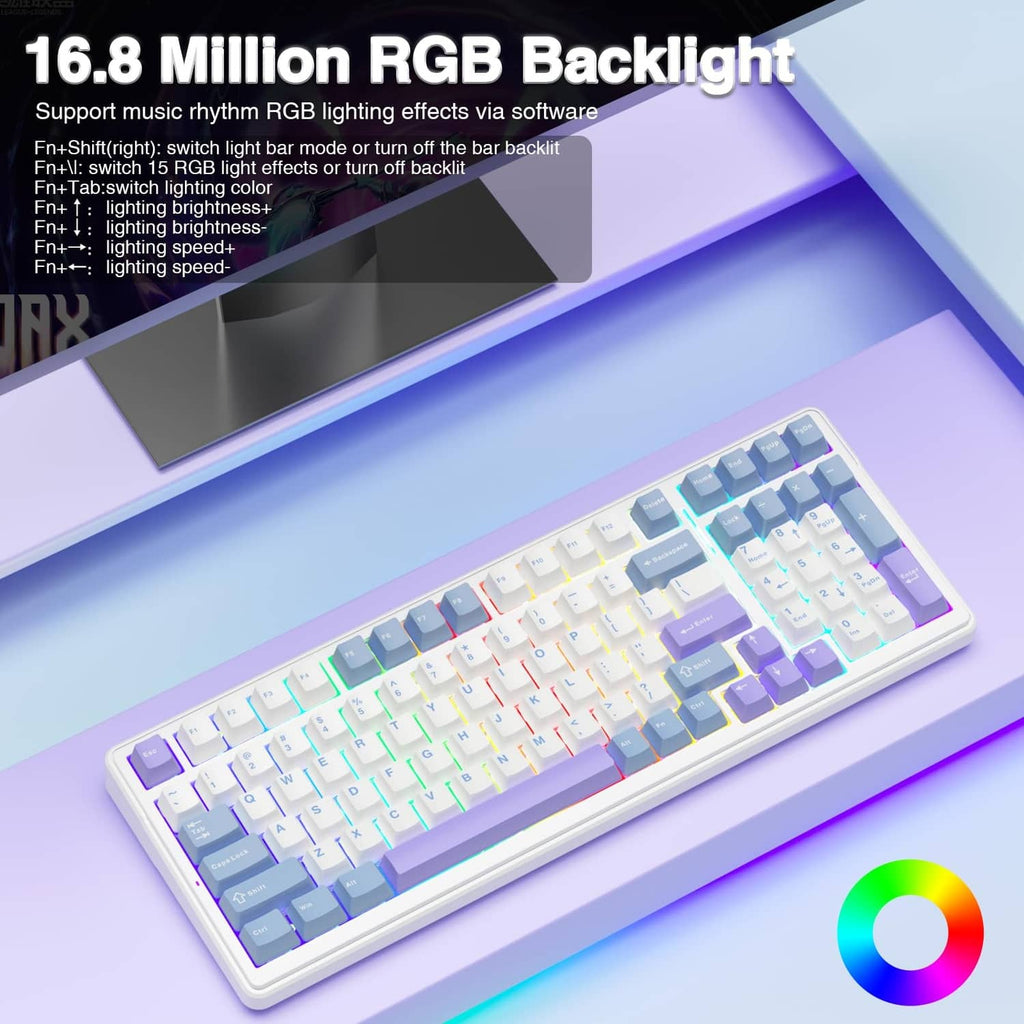 Mechanical keyboard with multicolor RGB backlit blue and purple keycaps on white case.