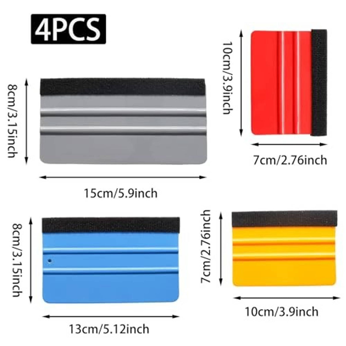 Set of 4 felt-edge squeegee scrapers in red, orange, blue, and gray with black felt