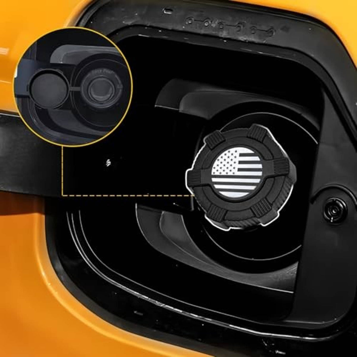Capless fuel filler dust cover installed on vehicle fuel door with US flag emblem
