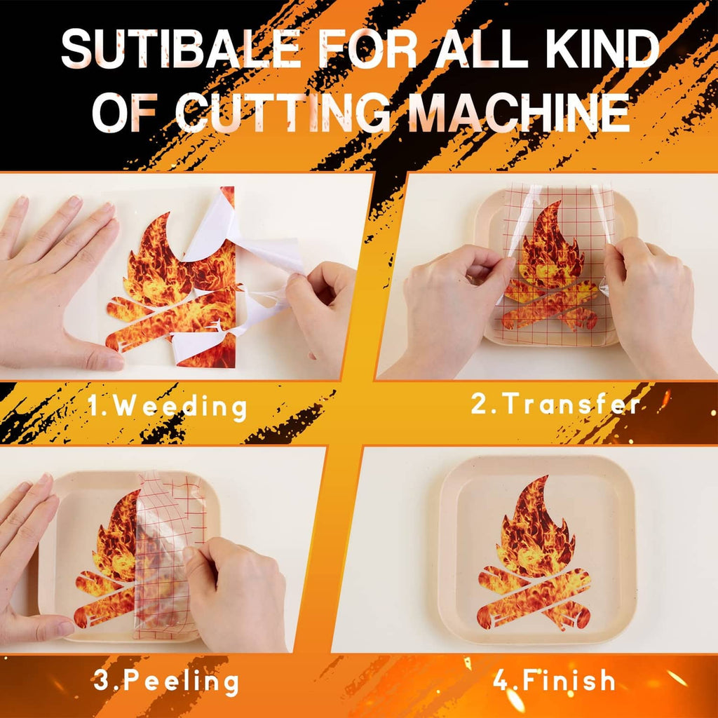 Flame-pattern permanent vinyl sheet with backing during cutting and transfer steps