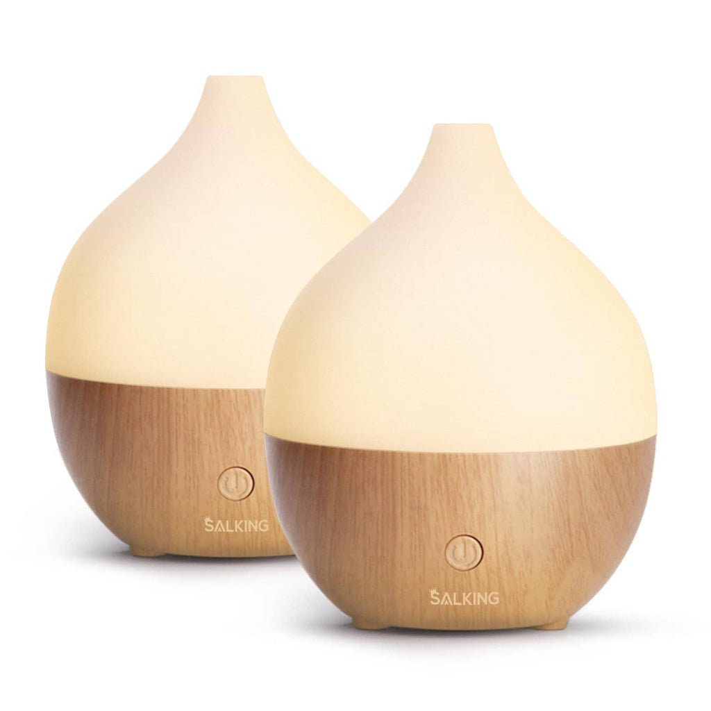 Two essential oil diffusers, cream caps and light wood bases, 2-pack set