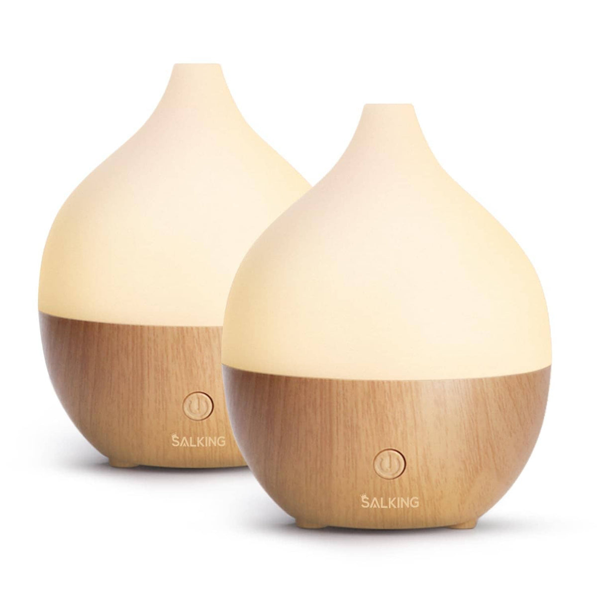Two essential oil diffusers, cream caps and light wood bases, 2-pack set