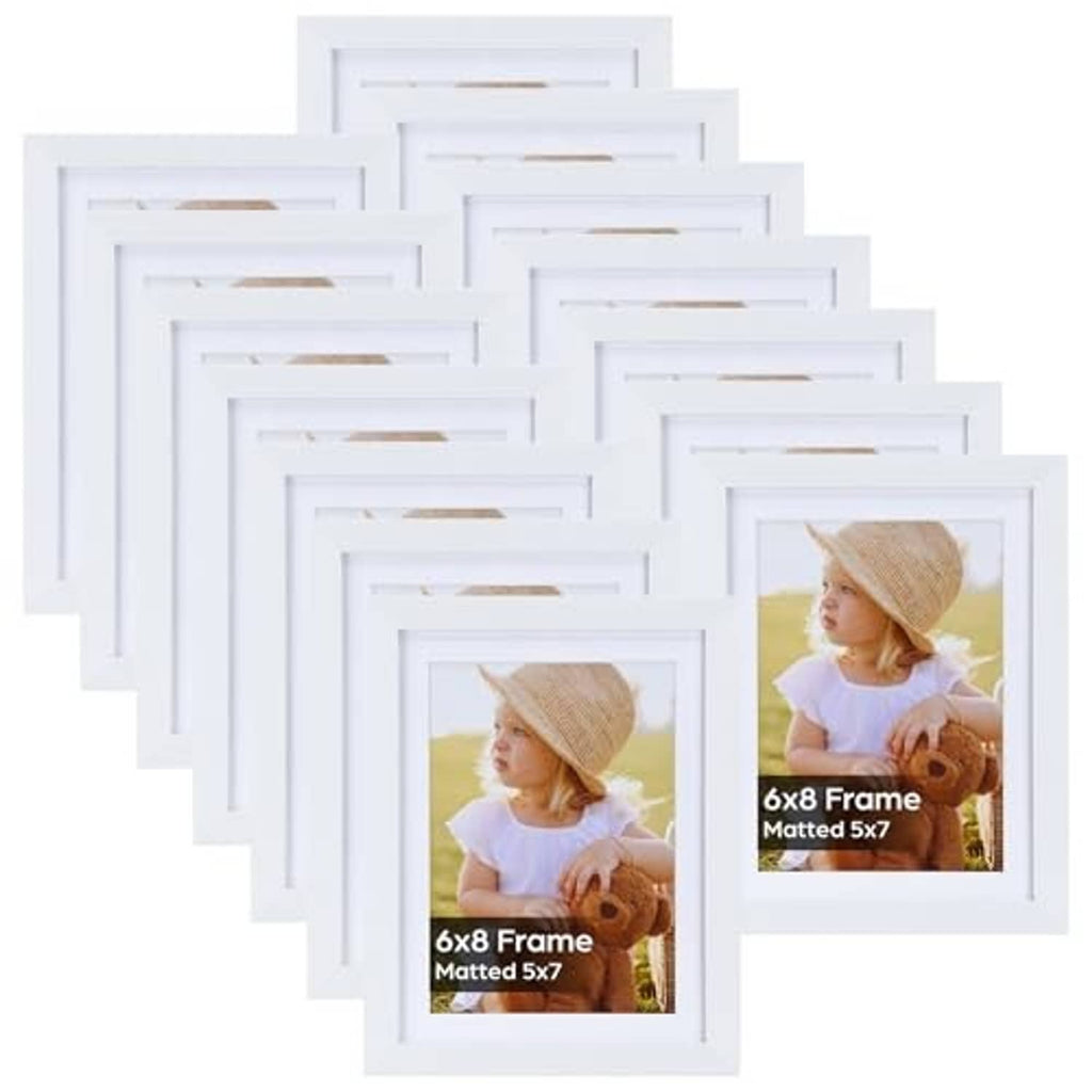 White picture frame set of 15 stacked view, showing mat opening and gold-tone corners