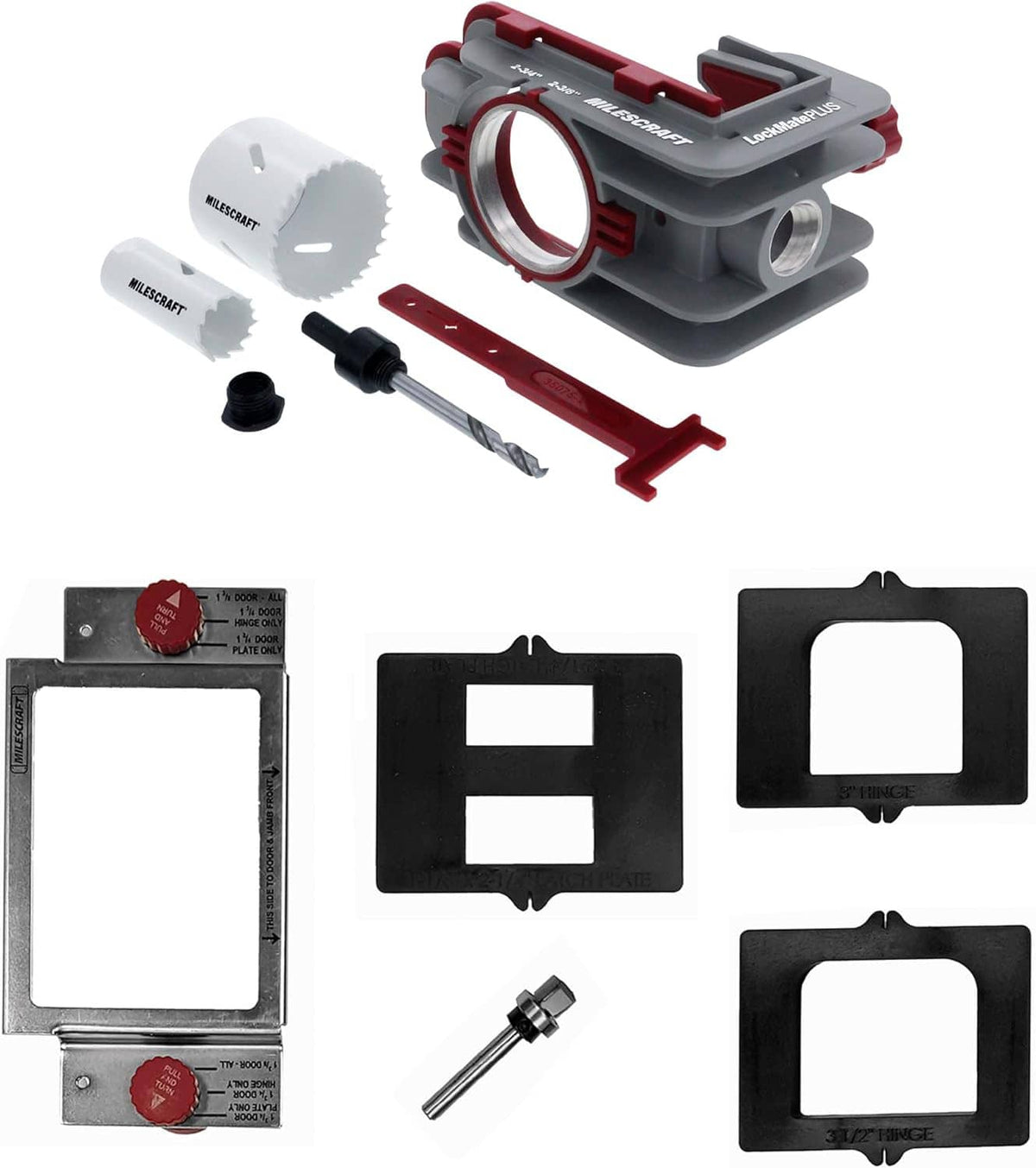 Door lock installation kit with self-clamping jig, templates, drill bit and guide tool