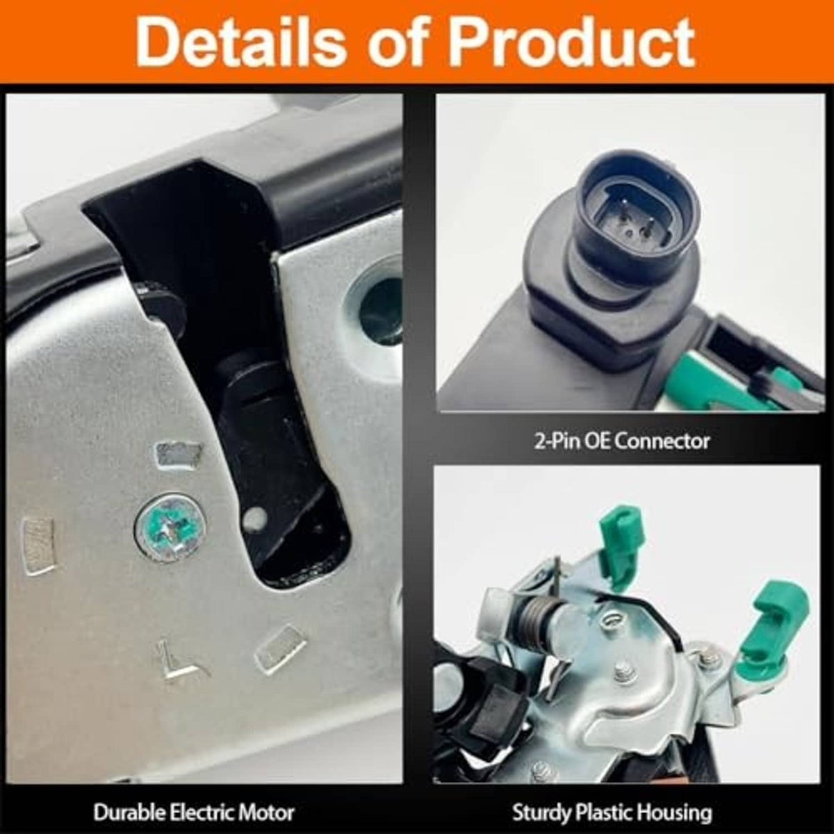 Door lock actuator details with durable electric motor area and sturdy plastic housing