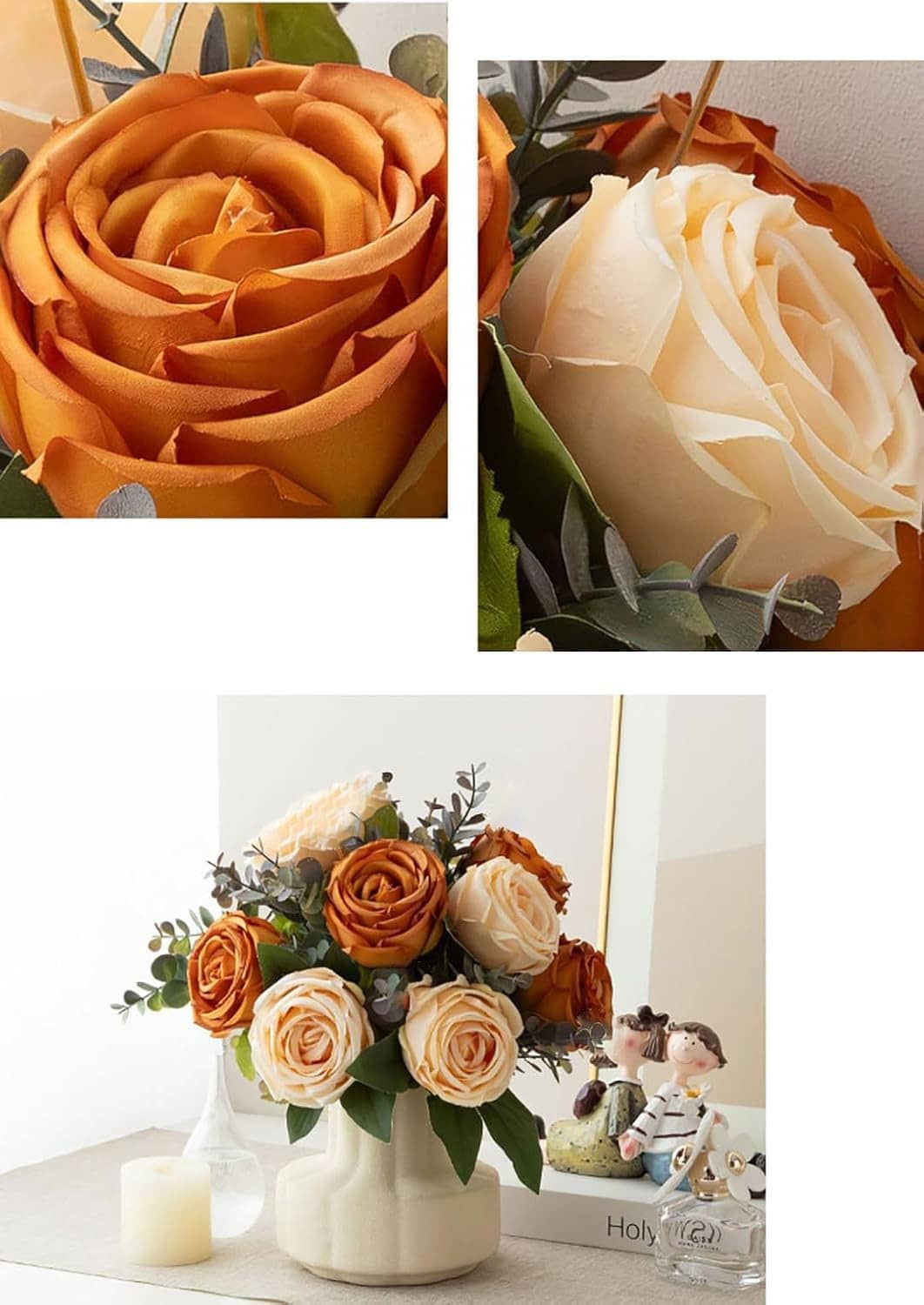 Close-up of artificial roses: orange and white blooms with green leaves in a cream vase