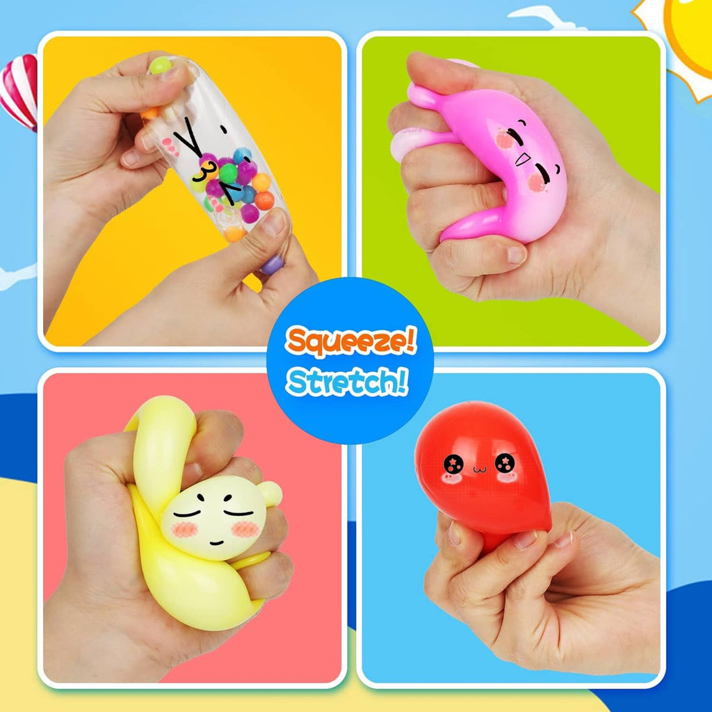 Assorted character stress balls, pink and yellow squishy spheres with smiling faces