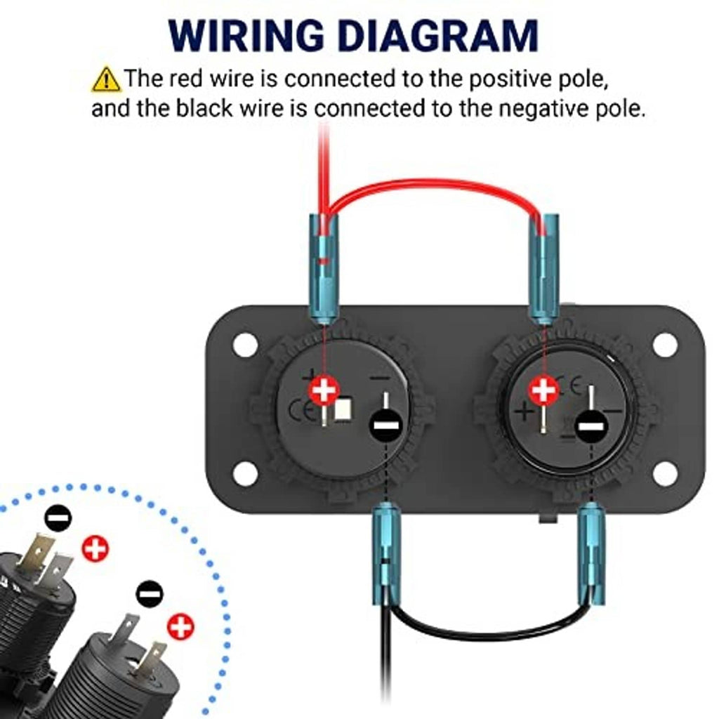 12V cigarette lighter USB outlet wiring terminals with red positive and black negative leads
