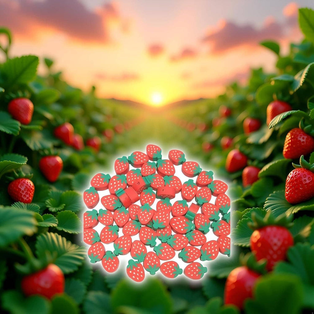 Strawberry-shaped polymer clay beads clustered in the middle of an outdoor scene.