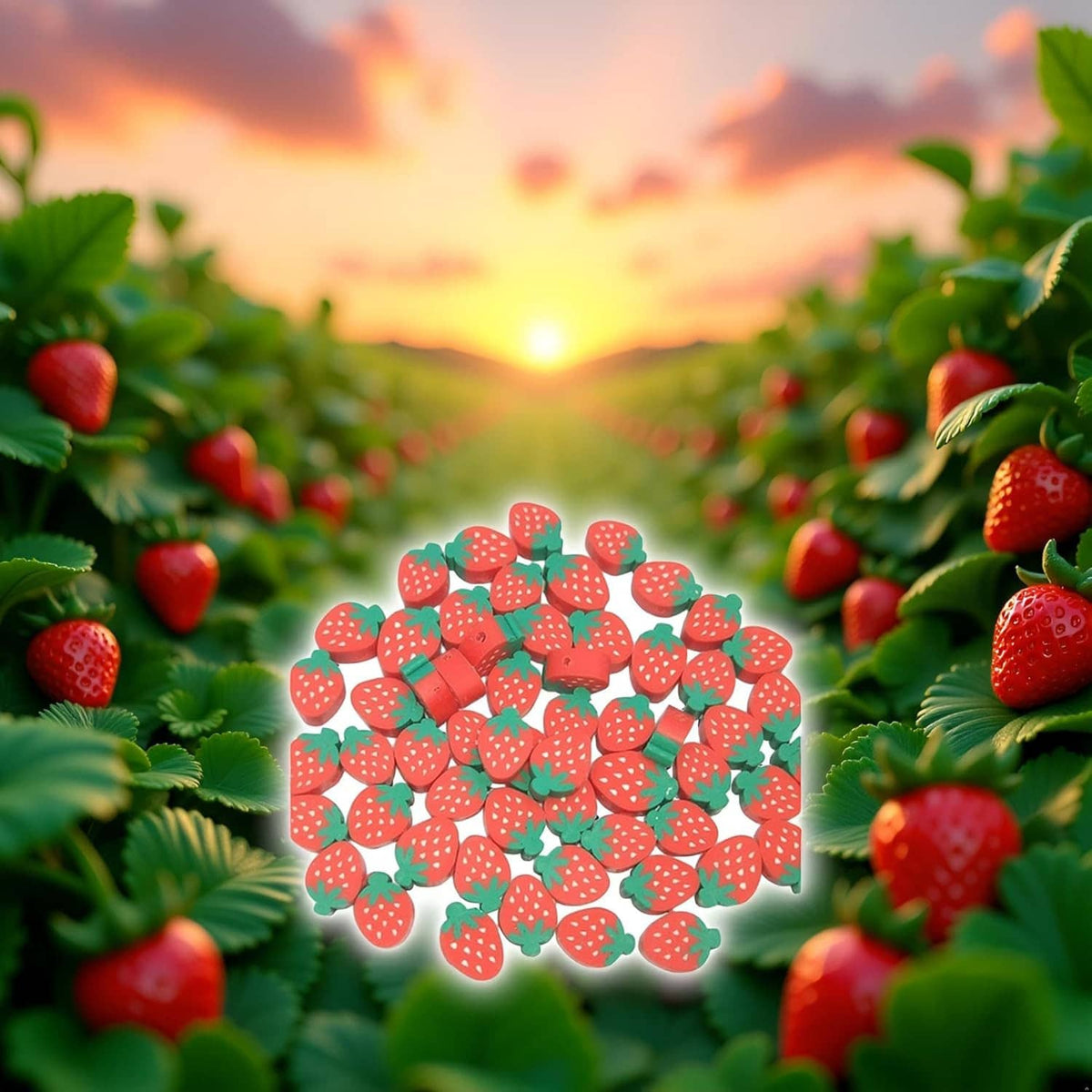 Strawberry-shaped polymer clay beads clustered in the middle of an outdoor scene.