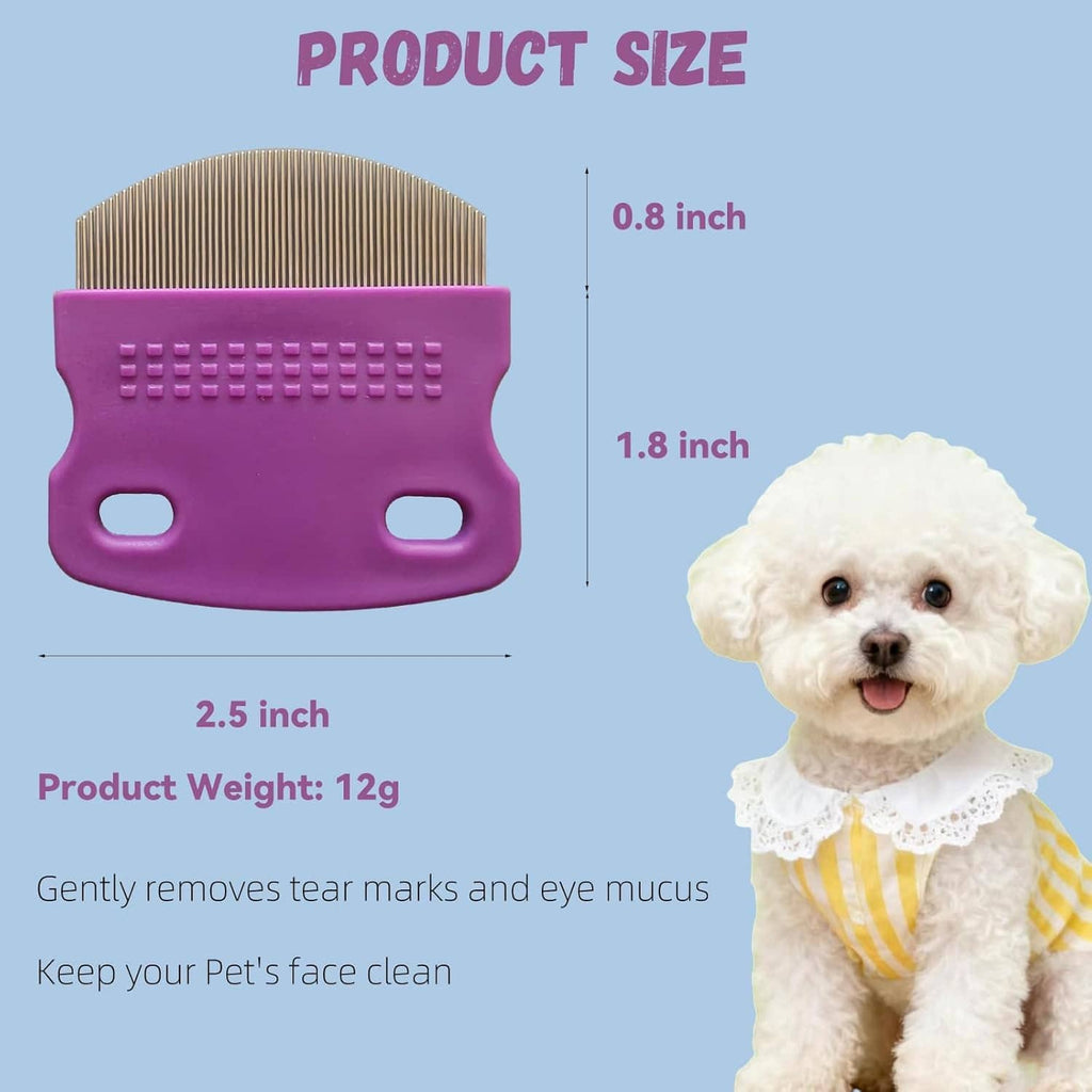 Purple pet eye-comb size diagram with stainless-steel tooth area and pet