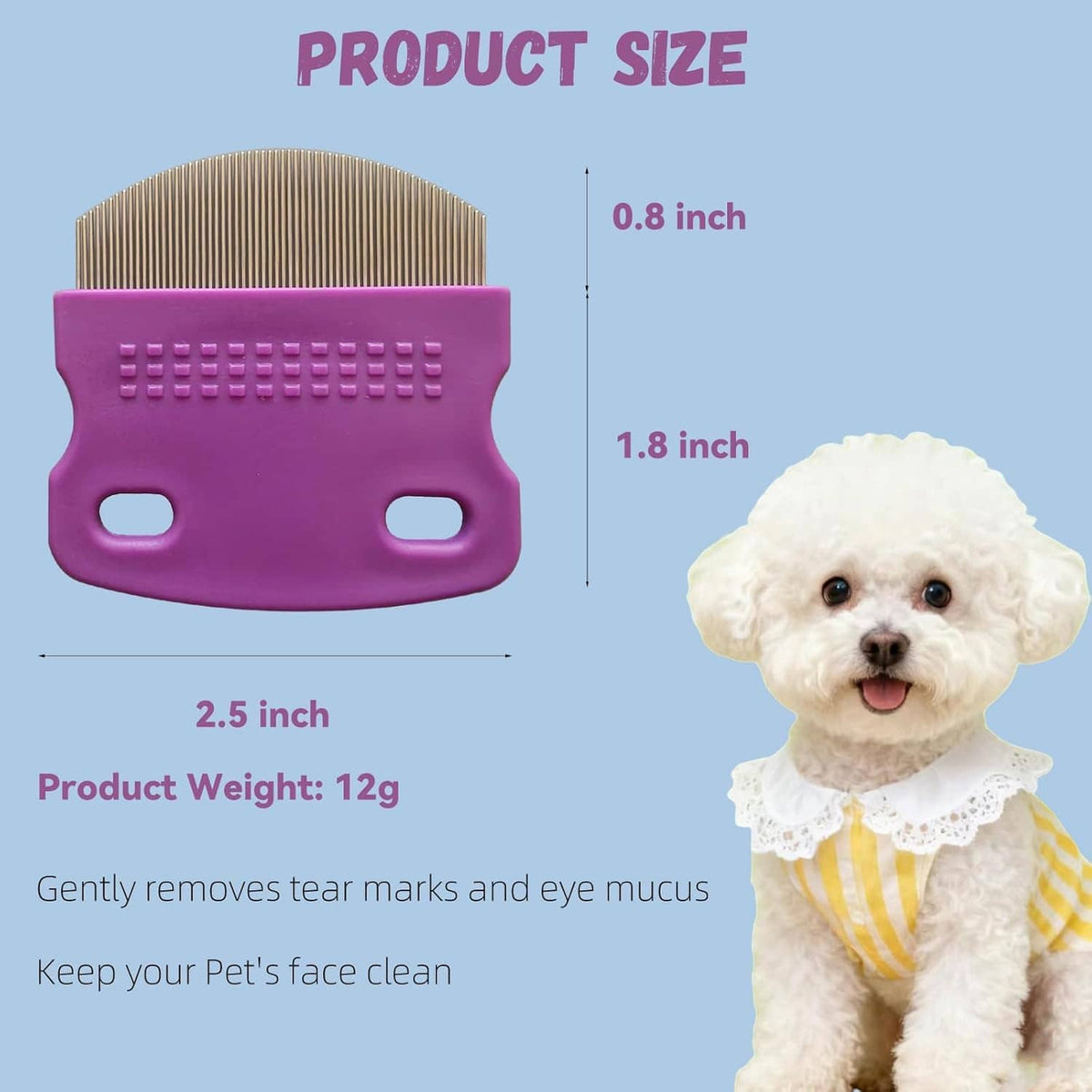 Purple pet eye-comb size diagram with stainless-steel tooth area and pet