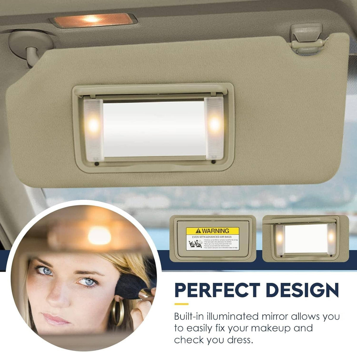 Beige tan sun visor with glowing vanity mirror light panel on left side
