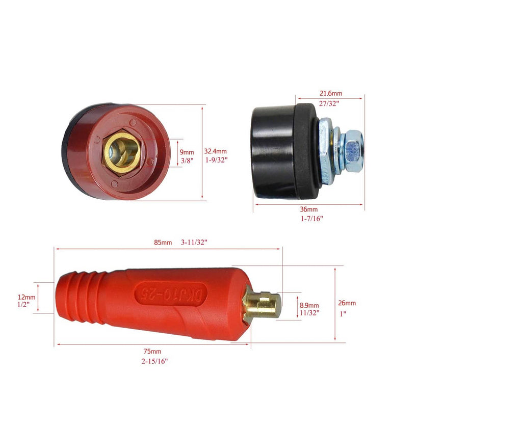 Welding cable panel connector plug, red and black housings with brass contact