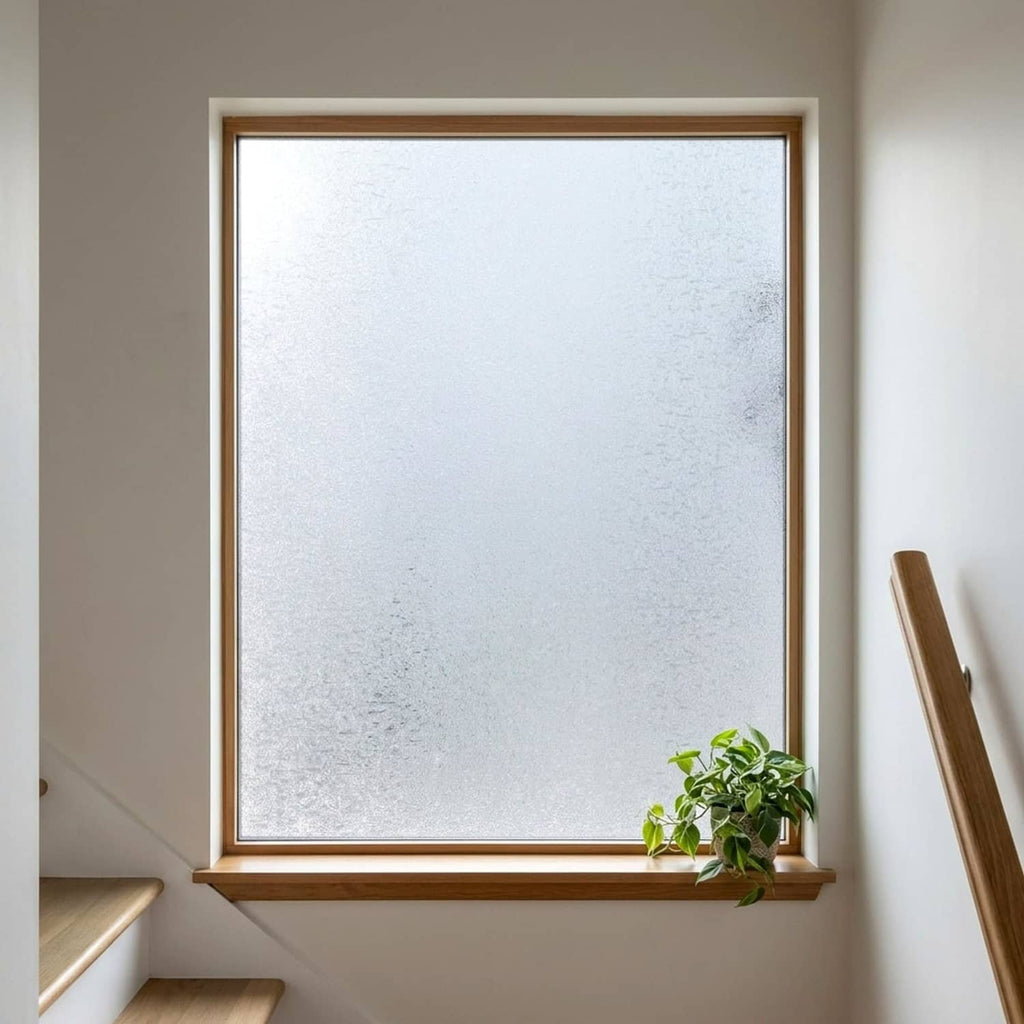 Installed frosted privacy window film on a rectangular window, textured crystal finish