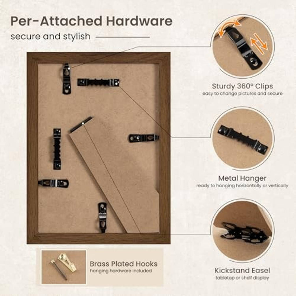 Oak wood picture frame back with metal 360° clips and brass mounting hooks