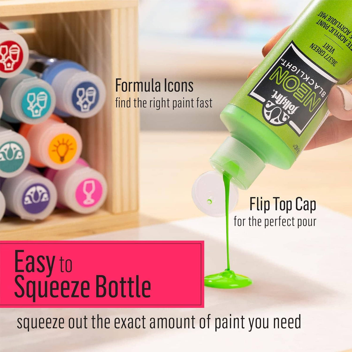 Neon glow acrylic paint bottle with flip-top cap, squeeze application shown