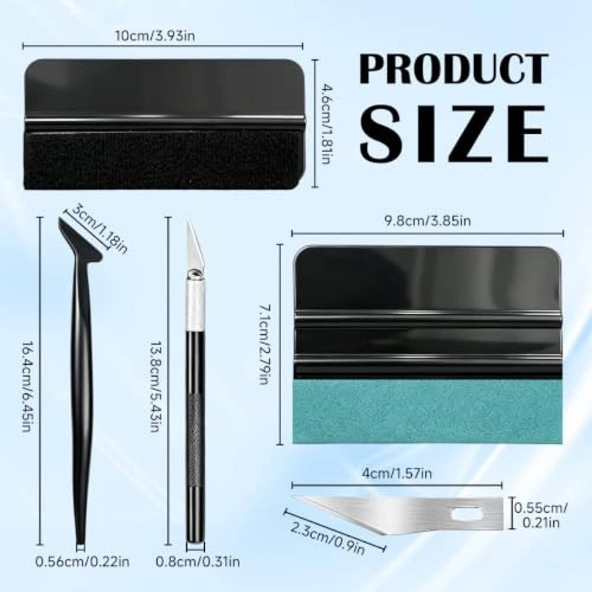 Car window tint installation kit includes dark film strip, scraper blade, and cutting tools