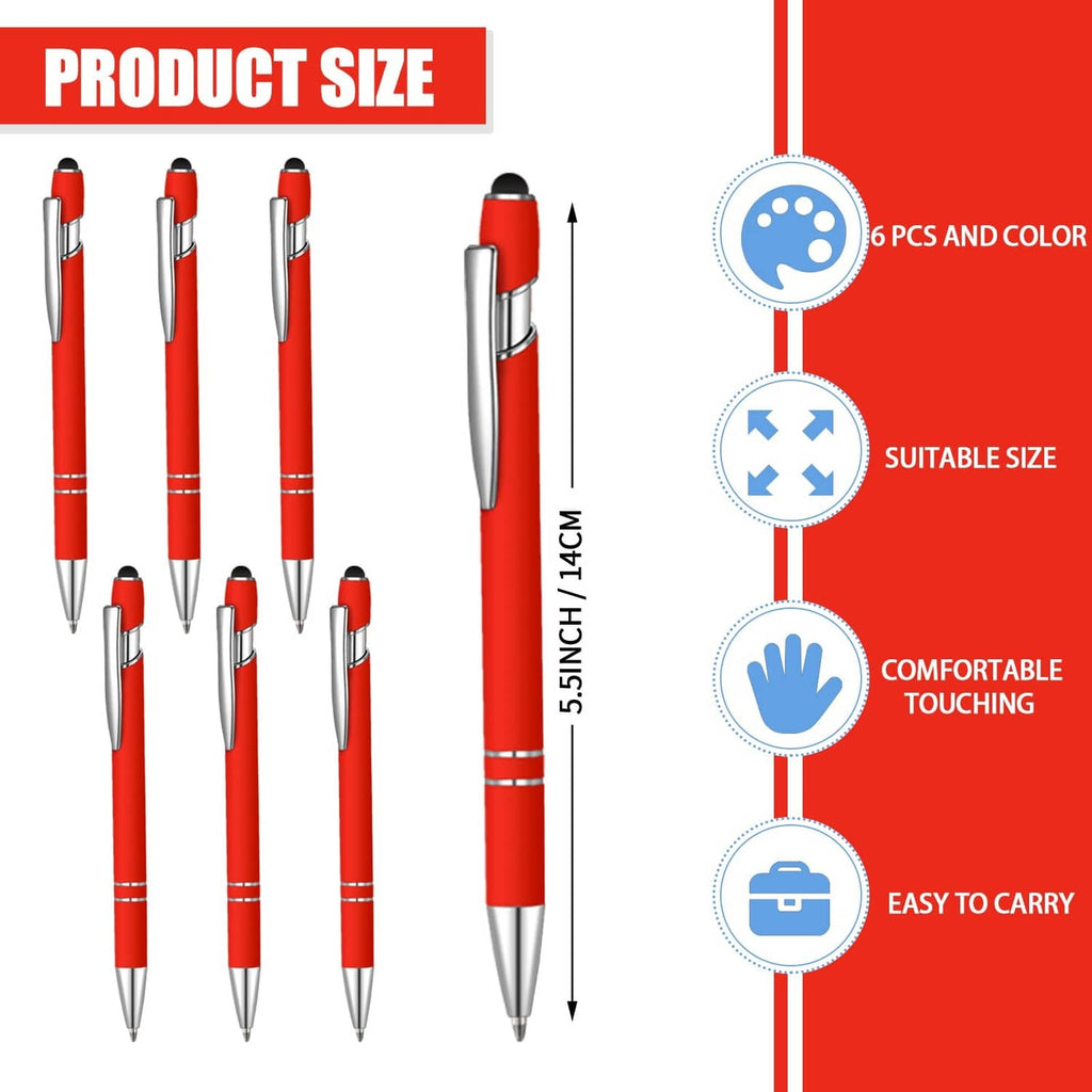 Set of 6 red ballpoint pens with silver clip barrels and black caps