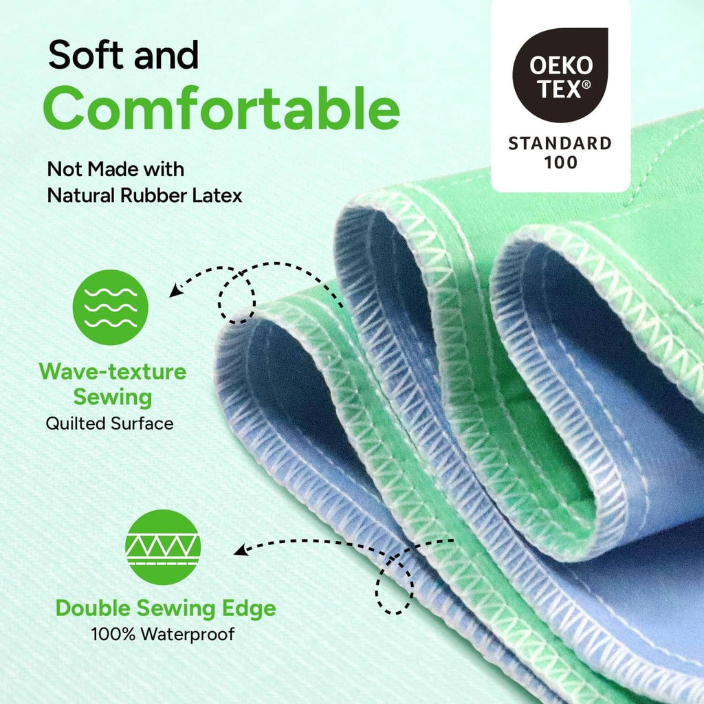 Green quilted bed pad with double-sewn edge and OEKO-TEX Standard 100 badge