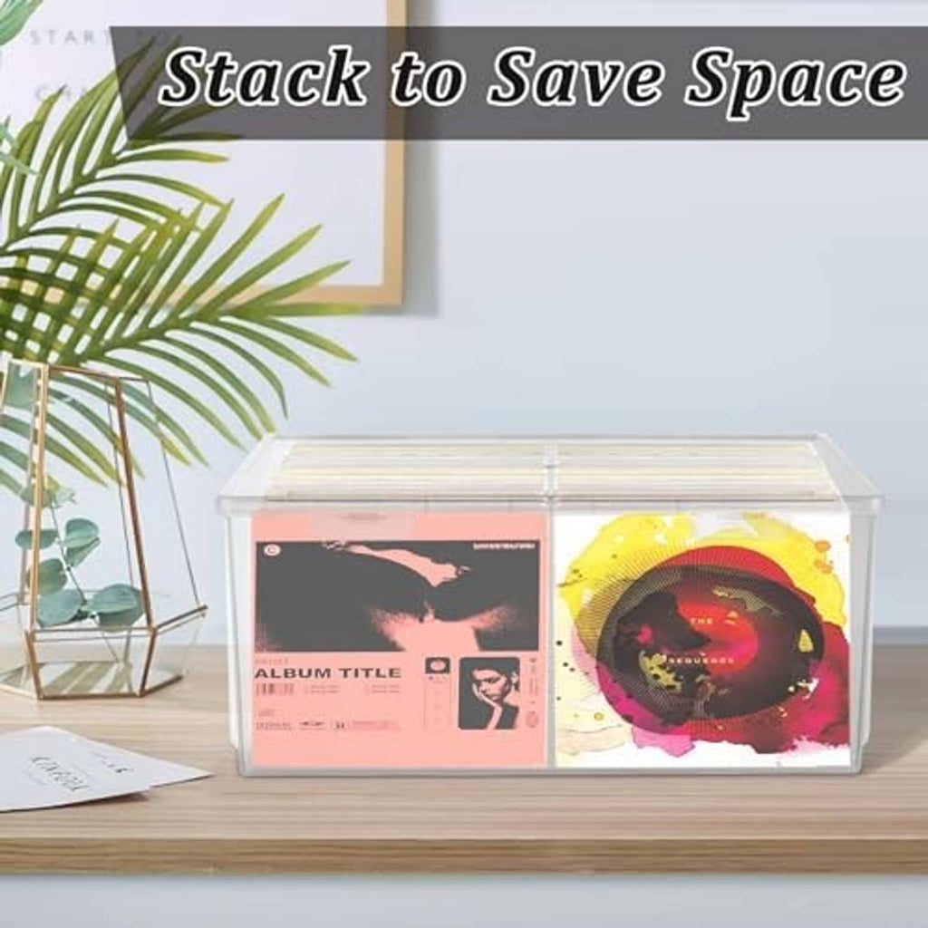 Clear plastic CD organizer box with open lid, CDs visible in the transparent front