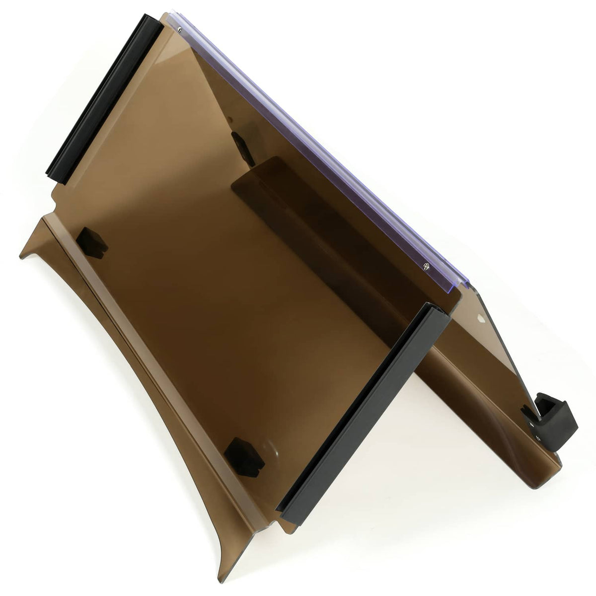 Tilted view of folding down tinted windshield with brown panel and black support bars