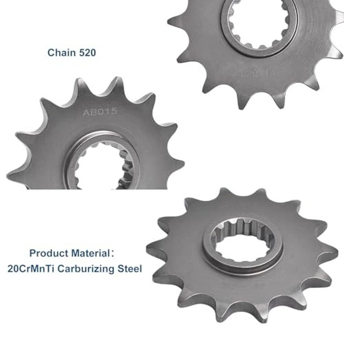 Metal motorcycle sprocket shown in three views, with central splined hub and gear teeth